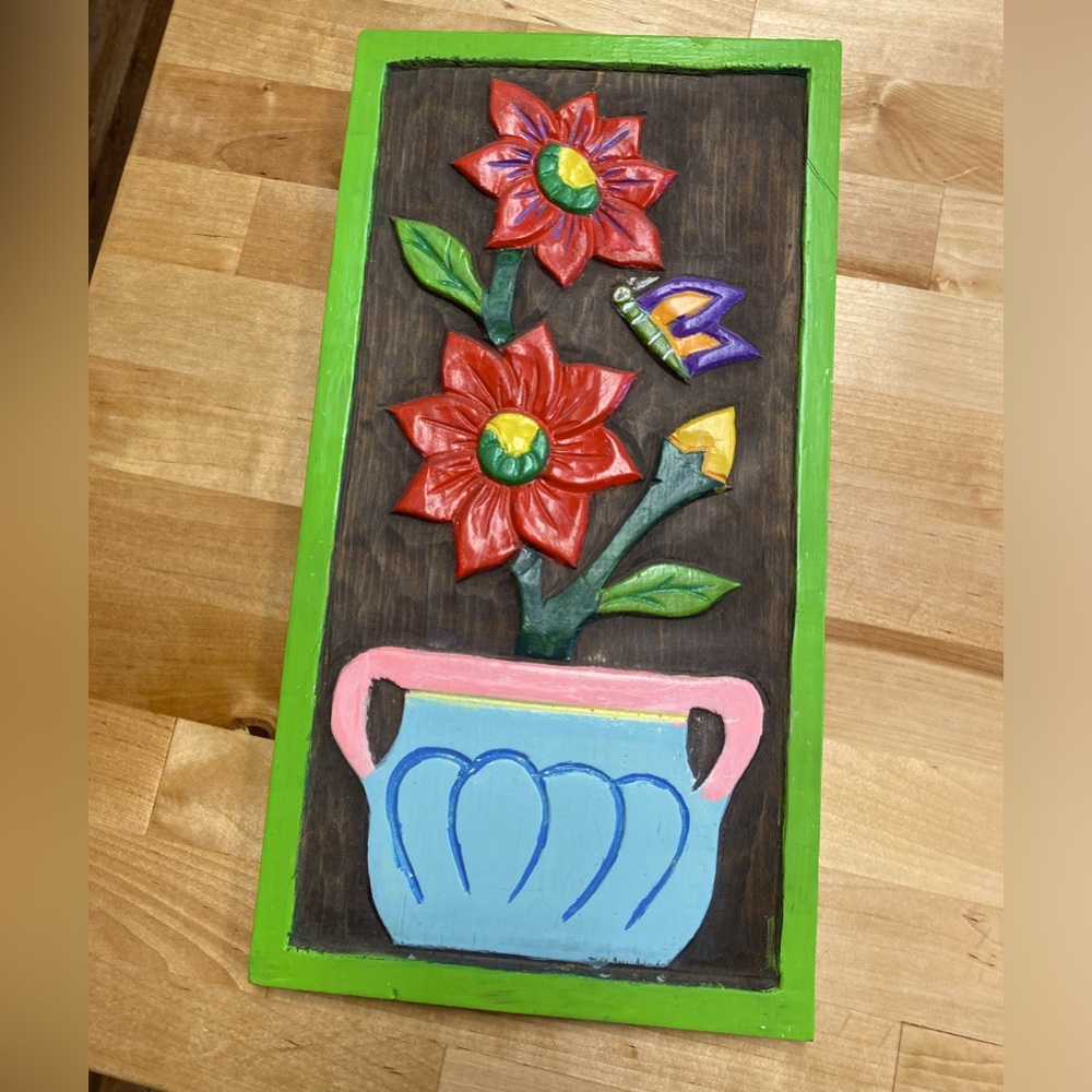 Hand made folklore  wood carved wall plaque 
Made in Mexico circa 1970’s